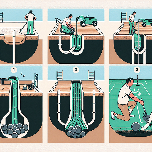 installation of perforated drainage pipe in a trench around a bocce ball court