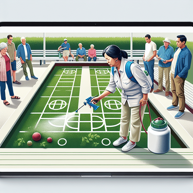 spraying post-emergent herbicide on weeds in bocce ball court