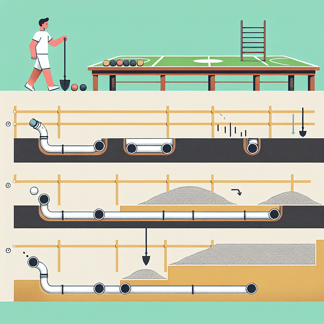 backfilling and compacting gravel over drainage pipes next to a bocce ball court