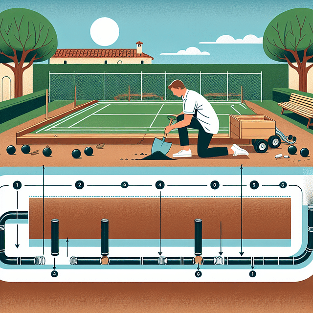 installing perforated drainage pipes in a trench around a bocce ball court