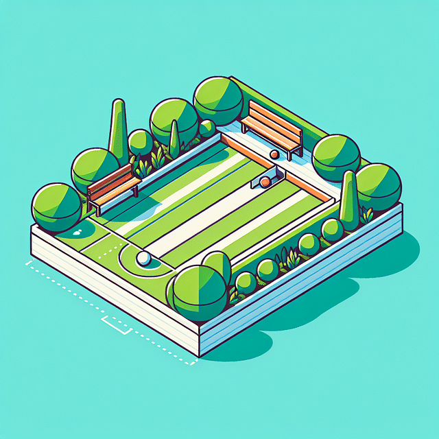 trimmed vegetation around a bocce ball court with a visible drainage system