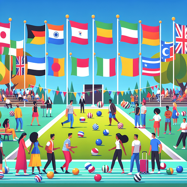 an international bocce ball festival at a school with flags of different nations