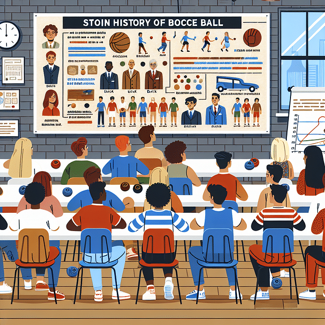 a classroom with students learning about bocce ball history