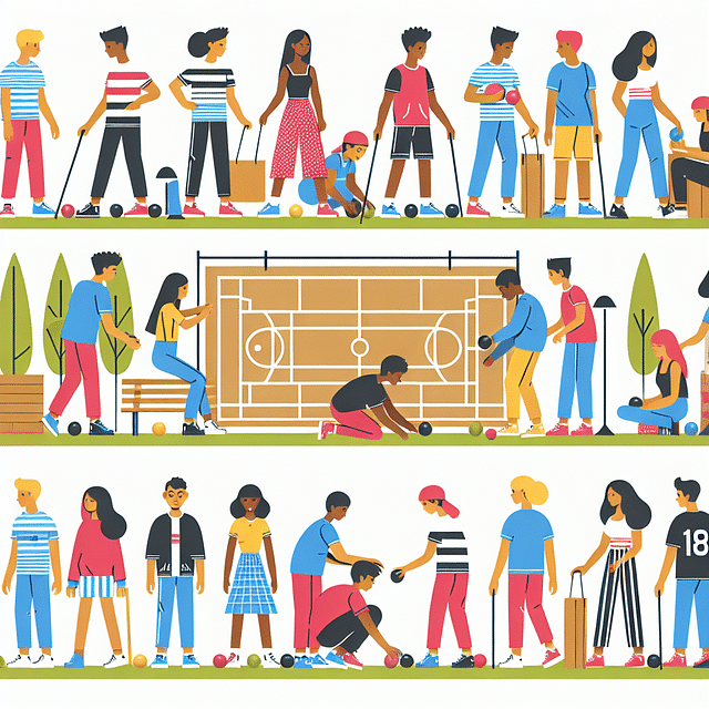 students setting up a bocce ball court in a schoolyard