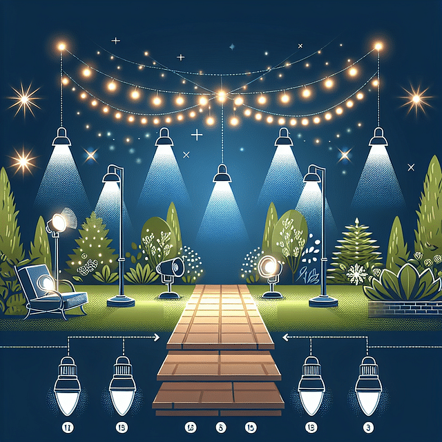 garden pathway lights, spotlights, and string lights