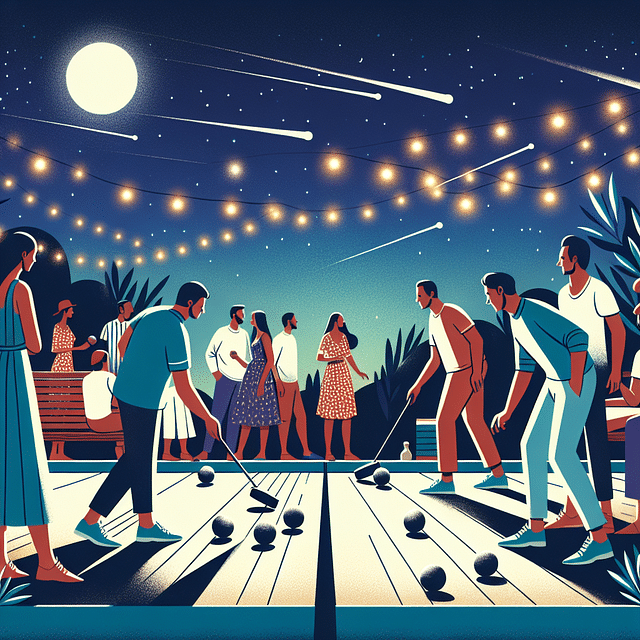 friends playing bocce ball at night with eco-friendly lighting