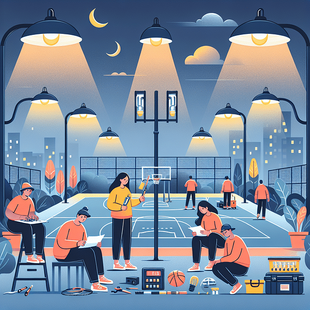 testing and adjusting outdoor sports court lighting at night