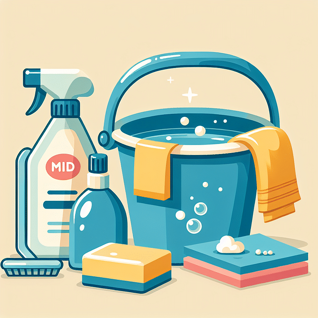 bucket of warm water, mild soap, soft cloth, and dry towel arranged for cleaning